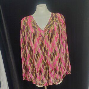 Liz Claiborne Woman Pink/Brown/Taupe Geometric Print Blouse Built in Slip Sz. 1X